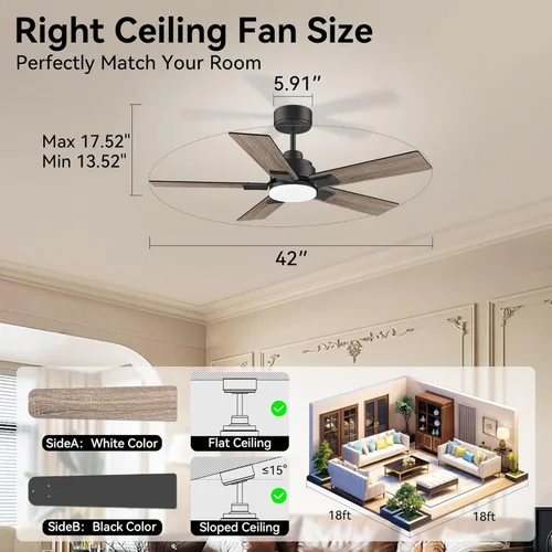 Vista 4 de Ventiladores de techo de 42 pulgadas con luces, ventilador de techo inteligente con luz y control remoto, Alexa, aplicación, ventiladores de techo
