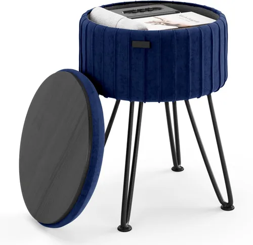 Vista 13 de STORAGEBUD Otomana redonda con almacenamiento, otomana de almacenamiento de bouclé, taburetes otomanos, taburete de tocador de maquillaje, pequeños