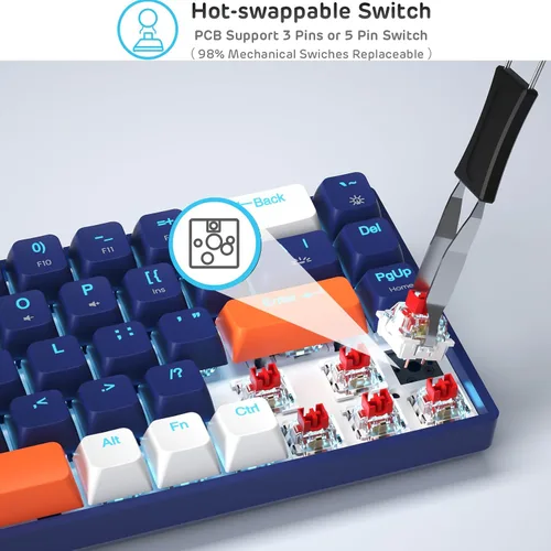 Vista 3 de XISOGUU Teclado mecánico inalámbrico 61%, modos BT5.02.4Gcableado, retroiluminado ultra compacto 68 teclas teclado para juegos con flecha