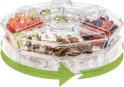 Vista 5 de IVYHOME Lazy Susan para servir hielo, recipientes de alimentos refrigerados con 4 platos extraíbles y bandeja giratoria suave, servidor