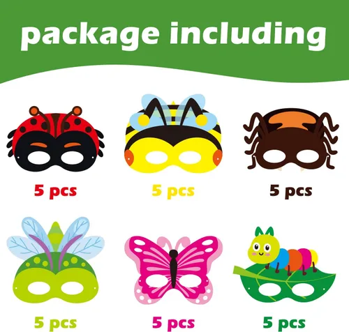 Vista 2 de CY2SIDE 30 máscaras de papel y elásticas de insectos de primavera para niños, temática de insectos de primavera, accesorios de fiesta, suministros