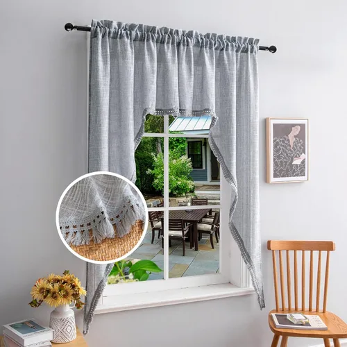 Vista 14 de Beda Home - Cenefas de lino texturizado con borlas para cocina de granjas; decoración rústica con filtro de luz para ventanas pequeñas, dormitorio