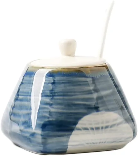 CHOOLD Tarro de especias de cerámica pintado a mano vintage con tapa, cuchara, caja de condimentos, condimentos, estantes de especias para cocina,