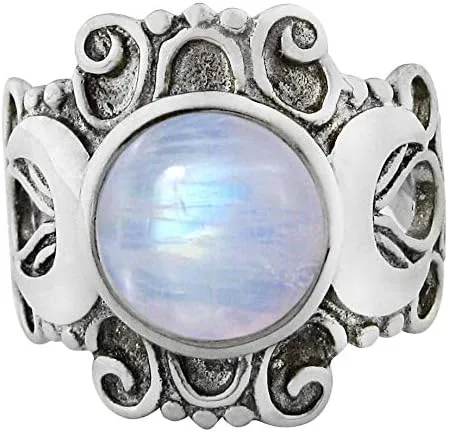 Vista 3 de Anillo de plata de ley grande con piedra lunar victoriana triple luna (tallas 4-15)