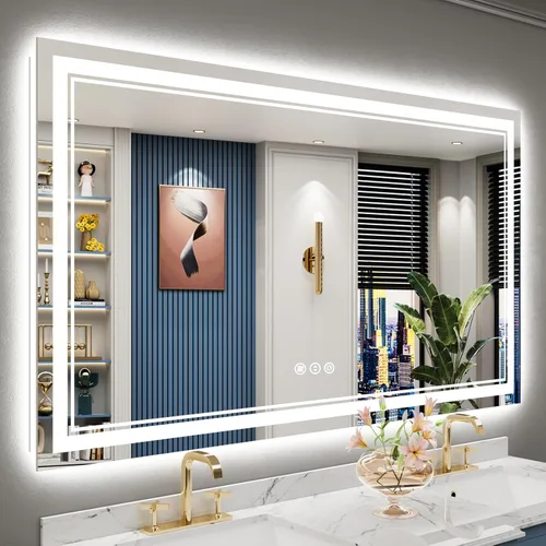 Vista 55 de Espejo de baño LED de 48 x 30 pulgadas con luces, retroiluminado + frontal iluminado, espejo de tocador con luz antiniebla para pared de baño con 3