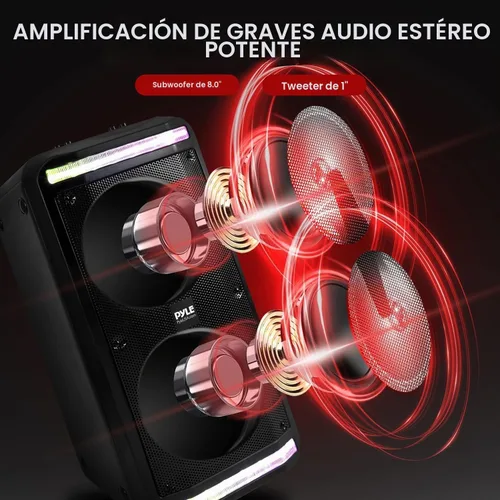 Vista 2 de Pyle Altavoz Bluetooth y sistema de megafonía – Sistema de karaoke estéreo portátil con micrófono con cable, luces LED integradas, lectores