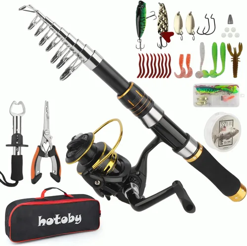 Fishing Pole Combo Set, 6.89ft Fishing Rod and Reel Combo, Carbon Fiber Telescopic Fishing Rod Kit with Spinning Reel, Fishing Pliers, Lip Gripper,
