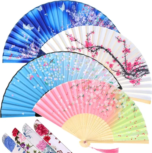 Vista 8 de Zonon 4 Pack de abanicos de mano florales plegables, abanicos de seda de bambú con borla para mujer, abanico de mano hueco plegable con funda