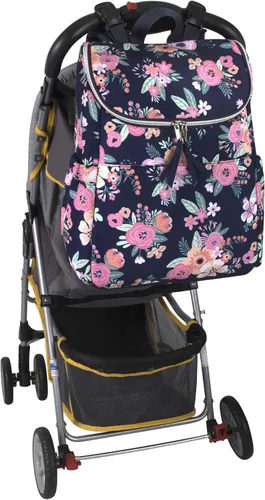 Vista 6 de Mochila de pañales floral multifunción y bolsa de pañales de viaje con cambiador y correas para cochecito, Azul Floral, Mochila