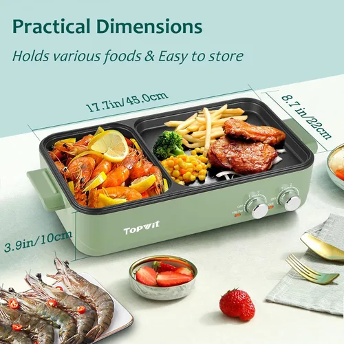Vista 7 de Topwit Olla eléctrica con parrilla, olla eléctrica antiadherente 2 en 1 para interiores y parrilla para barbacoa coreana, filetes, Shabu Shabu