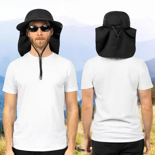 Vista 5 de SUN CUBE Sombrero de sol para hombre, sombrero de pesca de ala ancha, cubierta de solapa para el cuello, para hombres, mujeres, senderismo, camping