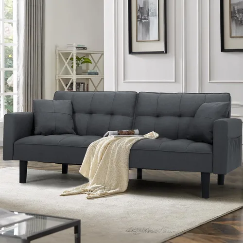 Vista 11 de AVAWING 74" Faux Leather Futon Sofa Bed with Adjustable Backrest 3 in 1 Convertible Futon Couch with 2 Square Pillows & Side Pockets Modern Loveseat