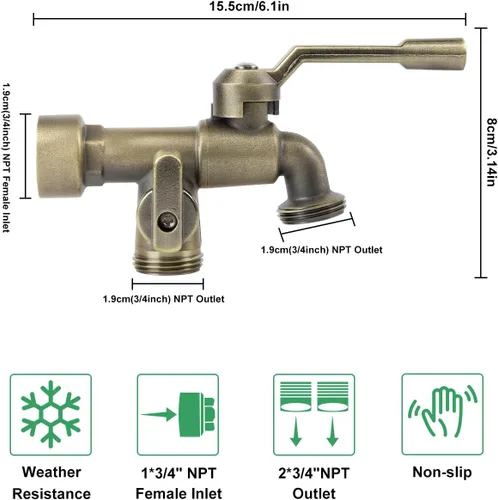 Vista 3 de Grifo doble para exteriores 2 en 1 de bronce, material de latón, montaje en pared, entrada y salida hembra NPT de 3/4 pulgadas, a prueba de heladas