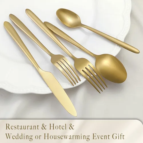 Vista 5 de DEACORY Juego de cubiertos de oro mate, acabado cepillado, mango de goteo de latón pesado, acero inoxidable, 20 piezas, servicio para 4