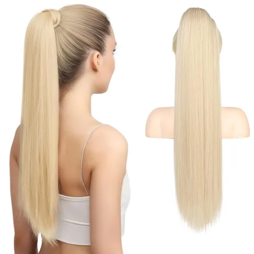 Vista 13 de Flufymooz Extensión de cola de caballo, cola de caballo recta de 22 pulgadas de largo, cola de caballo sintética, cola de caballo falsa, extensiones