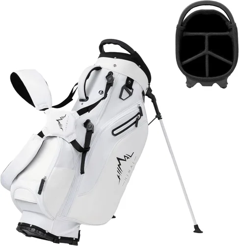 Vista 9 de UNIHIMAl Bolsa de golf de soporte ligera con divisores de longitud completa de 5 vías, soporte semioculto, base plegable, correas dobles ajustables