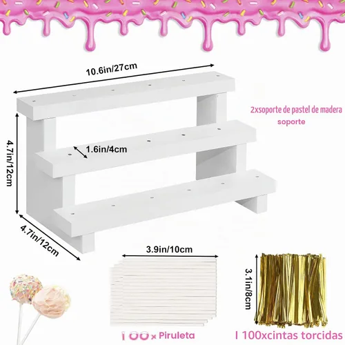 Vista 3 de Soporte de madera para piruletas de pastel, soporte de exhibición de 3 niveles, blanco, con 33 agujeros, soporte para piruletas con lazos