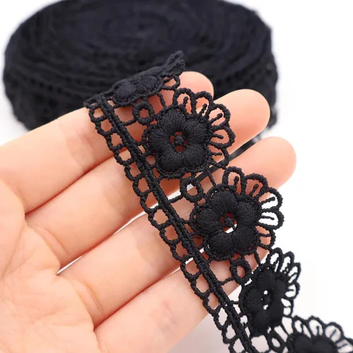 Vista 3 de Encaje de algodón negro 7 yardas Venecia flor encaje cinta bordado encaje encaje para manualidades de costura, decoración de vestidos