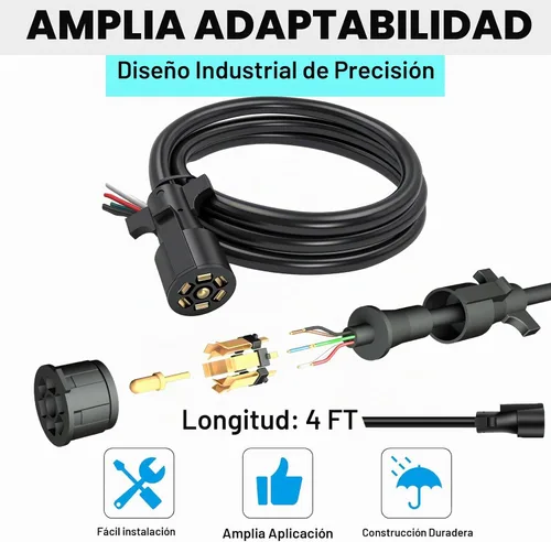 Vista 4 de Cable de remolque de 7 vías, cable de enganche de 4 pies de alta resistencia con 7 vías, cableado de enchufe de remolque en línea, arnés de cable