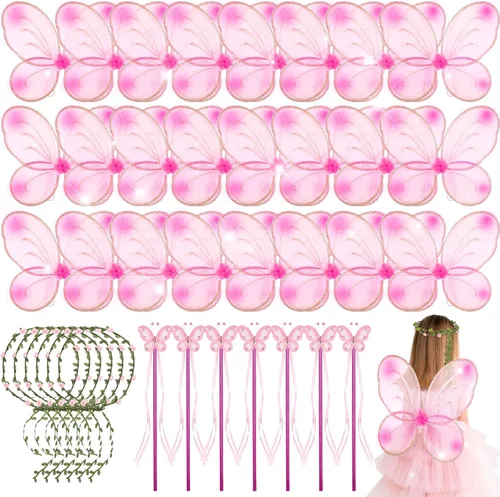 Lenwen 24 juegos de alas de hada para niños, alas de mariposa, disfraz de princesa, cosplay, corona, varita, cumpleaños