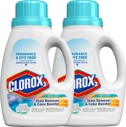 Clorox 2 Blanqueador concentrado líquido seguro, libre y transparente, 33 onzas, 2 paquetes/paquete puede variar