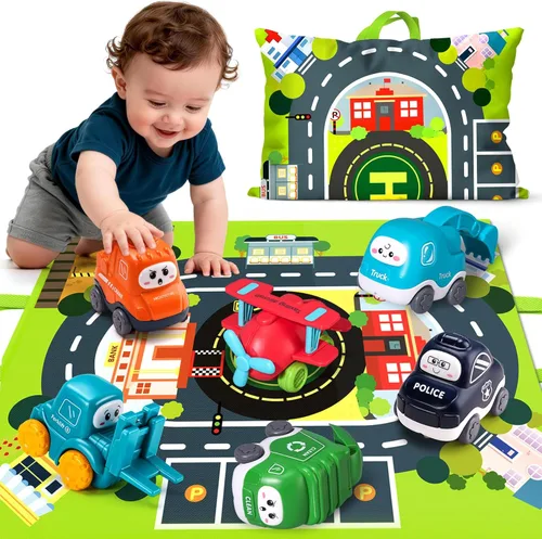 Juguete grande de camión de dibujos animados para niños de 1 año con tapete de juego/bolsa de almacenamiento, juguetes para bebés y niños pequeños
