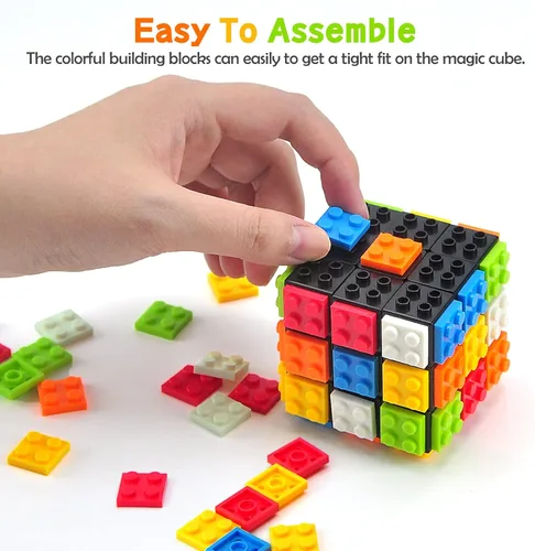 Vista 2 de Speed Cube - Cubo de ladrillo integrado de 3 x 3 x 3 pulgadas con bloques de construcción, rompecabezas de cubo mágico, juguetes creativos