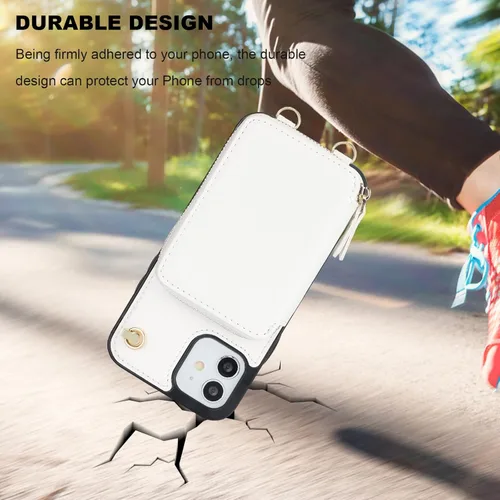 Vista 8 de Bocasal Funda tipo cartera cruzada para iPhone 12/12 Pro, funda de piel con bloqueo RFID y soporte para tarjetas, funda protectora con cremallera
