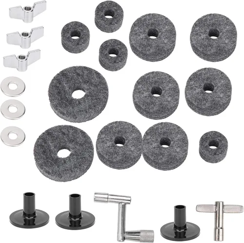 Vista 8 de Almohadilla de fieltro para tambor, 23 piezas, kit de platillos con tuercas de ala, arandelas, fundas de llave, accesorios de repuesto