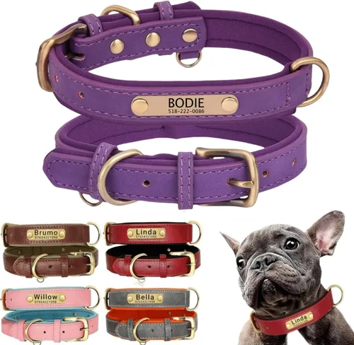 Vista 11 de Collar de cuero para perro personalizado y juego de correa, personalizado con diseño acolchado suave y resistente con placa de nombre grabada