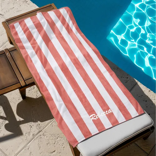Vista 6 de Kaufman - Personalized 32in x 62in Joey Velour Cabana Stripe Beach and Pool Towel 100% Cotton Embroidered (Coral/White)
