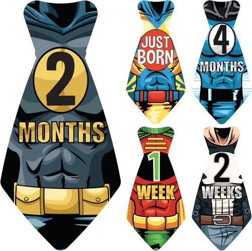 17 corbatines Original Stick'Nsnap (TM) para pegar en monos de bebé, con mensajes por mes, serie "Happy Heroes" (TM). Acontecimientos para 12 meses