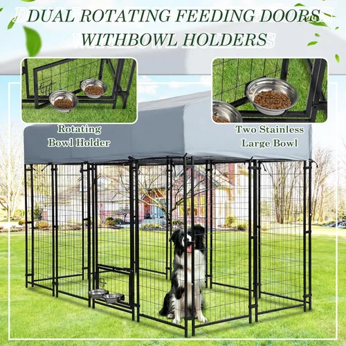 Vista 3 de Perrera para perros al aire libre, recinto para perros de 8 x 4 x 5.7 pies con cubierta de techo impermeable y 2 cuencos giratorios para perros
