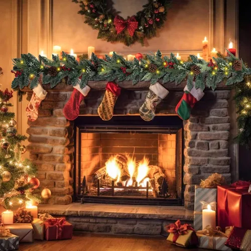 Vista 3 de Guirnalda de Navidad de 6 pies con luces, guirnalda preiluminada de decoración navideña con bayas rojas, guirnaldas navideñas operadas a batería