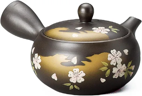 Tokoname Ware F908 Tomisen Black Mud Shallow Bag - Tetera de flor de cerezo, 9.5 fl oz (9.5 fl oz)
