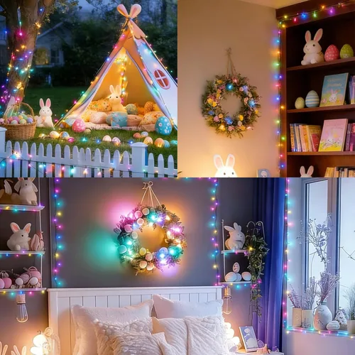 Vista 2 de LAMPHOME Luces de Navidad multicolor que funcionan con pilas, 34.1 pies, 100 luces LED impermeables de cadena para árbol de Navidad con 8 modos