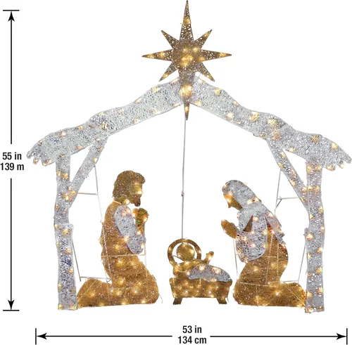 Vista 3 de National Tree Company Decoración navideña artificial preiluminada - Incluye mini luces LED blancas preencordadas y estacas para el suelo - Natividad