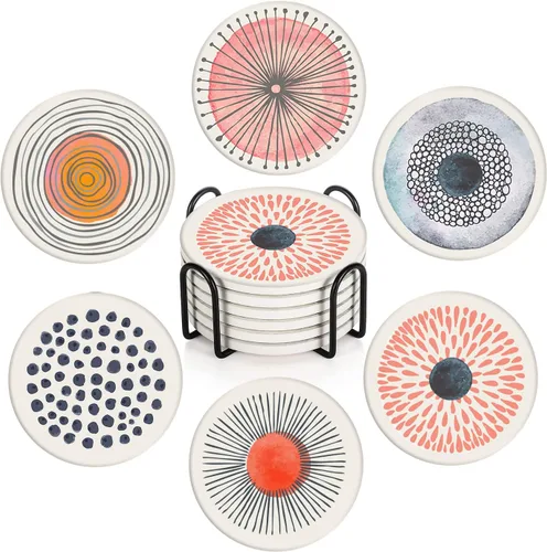 Vista 8 de Britimes Juego de 6 posavasos para bebidas, simples, retro, redondos, de doodle, absorbentes, de piedra cerámica, con base de corcho y soporte