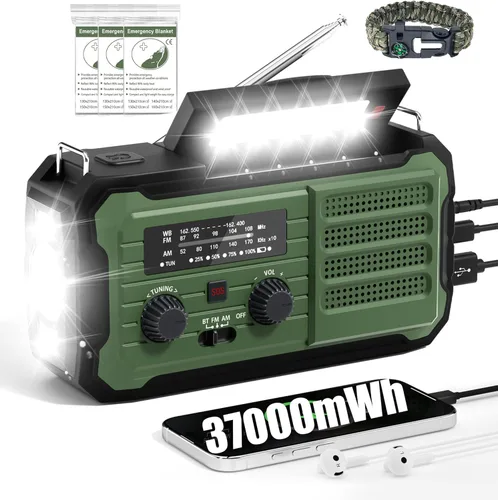 Radio de emergencia con manivela solar, 10000 mAh/37000 mWh, radio meteorológica de emergencia, radios solares de manivela con NOAA/AM/FM, linterna
