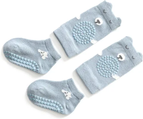Vista 9 de Juego de calcetines y rodilleras para bebé, protectores de pies de algodón suave con puntos antideslizantes para aprender a caminar
