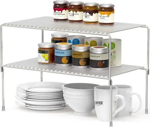 Juego de 2 estantes organizadores de gabinete de cocina, organizador apilable y almacenamiento para armario de cocina, estantes elevados expandibles