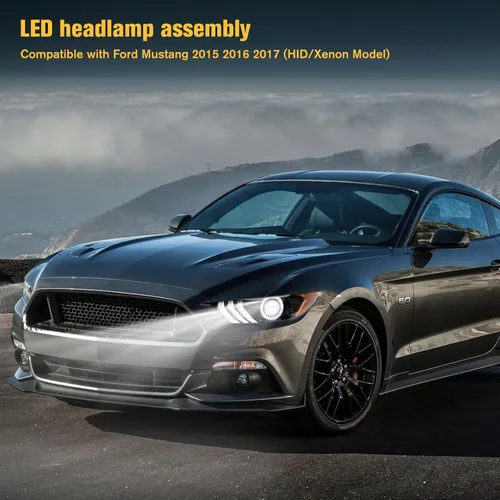 Vista 5 de Conjunto de faros delanteros LED Mustang, faros delanteros estilo OEM con reflector ámbar, conjunto de faros compatibles con Ford Mustang 2015 2016