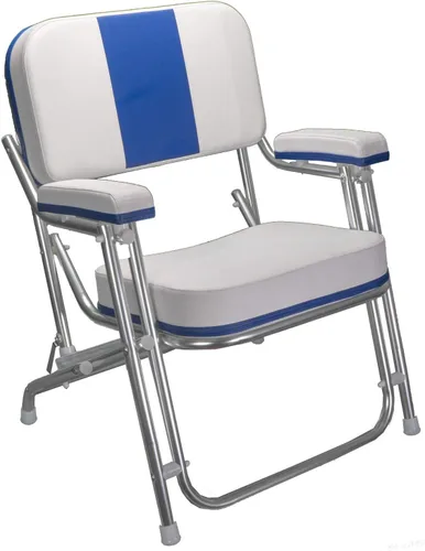 Vista 2 de Pactrade Marine Silla plegable para lancha (rayas azules), aluminio anodizado de vinilo resistente a los rayos UV, asiento portátil resistente a