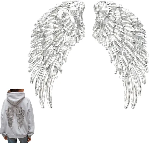 1 par de apliques de alas de ángel de lentejuelas, parche de tela de alas de ángel plateadas, parches bordados para planchar para coser para ropa