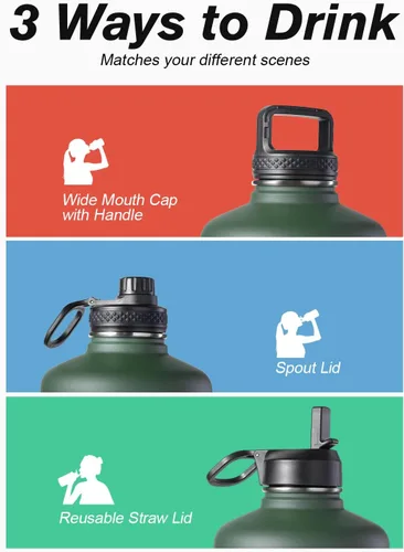 Vista 411 de Coolflask botella de agua reutilizable de 64 onzas con tapa con popote y tapa con boca, botella de agua térmica de medio galón con boca ancha