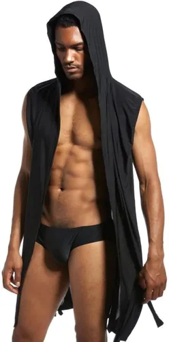 Vista 2 de Mendove Bata de baño con capucha y sin mangas sexy y sedosa para hombre
