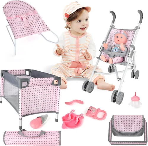 Vista 2 de deAO Juego de cochecito de bebé, accesorios para muñecas de bebé con tapete