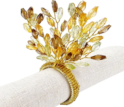 Fennco Styles Servilleteros decorativos con cuentas de flores amarillas a mano, juego de 4 servilletas de cuentas multicolor para el hogar, mesa de