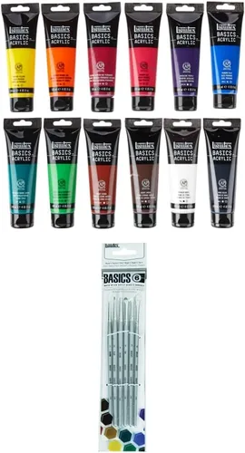 Liquitex Basics - Juego de pintura acrílica de 12 tubos de 4.0 fl oz + 6 pinceles de mango corto