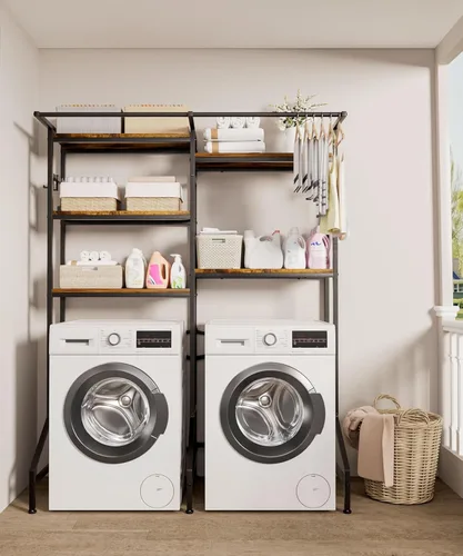 Vista 7 de Homde Estante de almacenamiento para lavadora y secadora, organizador de 5 niveles resistente para cuarto de servicio, estante de pie con barra